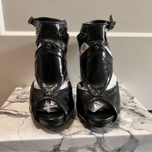 Aldo Black Women's Strappy Pleather Sandal Heels with silver accents